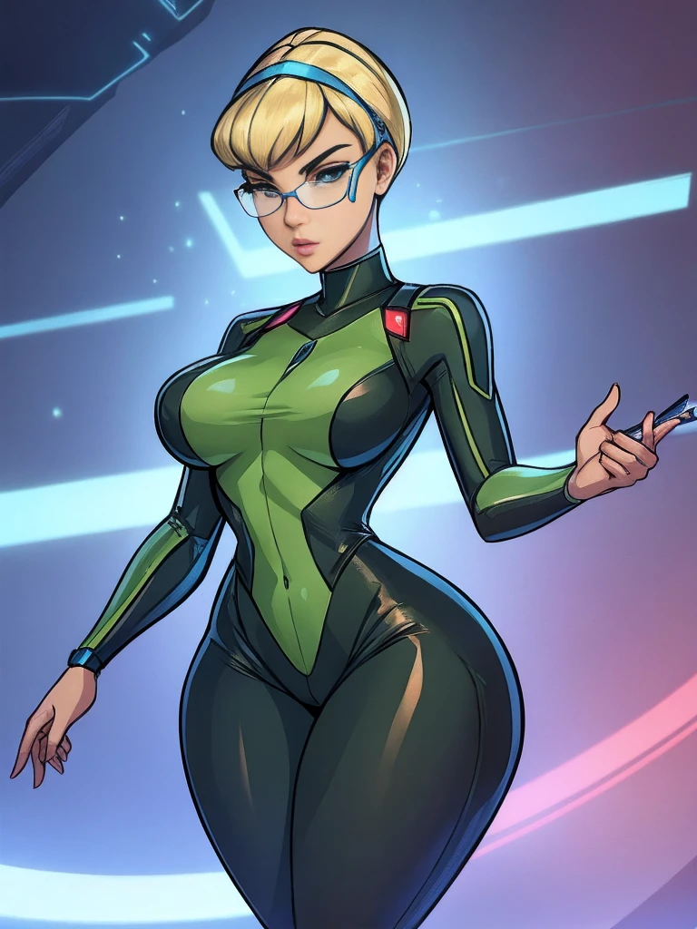 .20 years old, Gwen Tennyson-Amor,Futuristic costume, tight clothing ,medium breasts, thin waist, thick thighs,full bodysuit With technology details, researcher pose, Technological glasses, Technology clip in hair.Sexually attractive dynamic pose