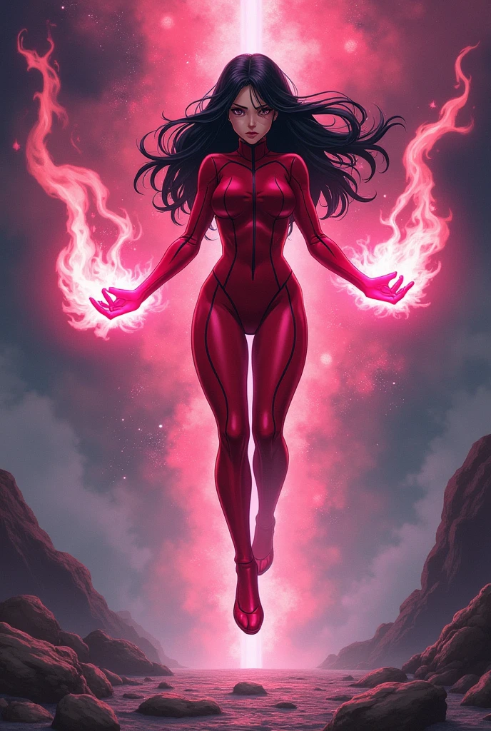 back view, brunette 18 yo exotic girl with dark eyeliner and eyeshadow, wearing (red high cut playboy bunny micro-bodysuit thong with hot pink pantyhose), deep cameltoe, red stiletto gogo boots, red gloves, long pvc red shrug cape, long dark hair and cape blowing wildly, both arms hands pointing directly at the camera, cosmic jack kirby kirby-crackle effect background, scarlet witch cosplay