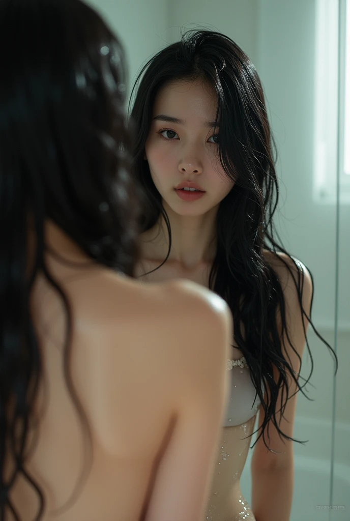 A girl with black grey hair and bangs swims with fish, realistic girl, brown eyes