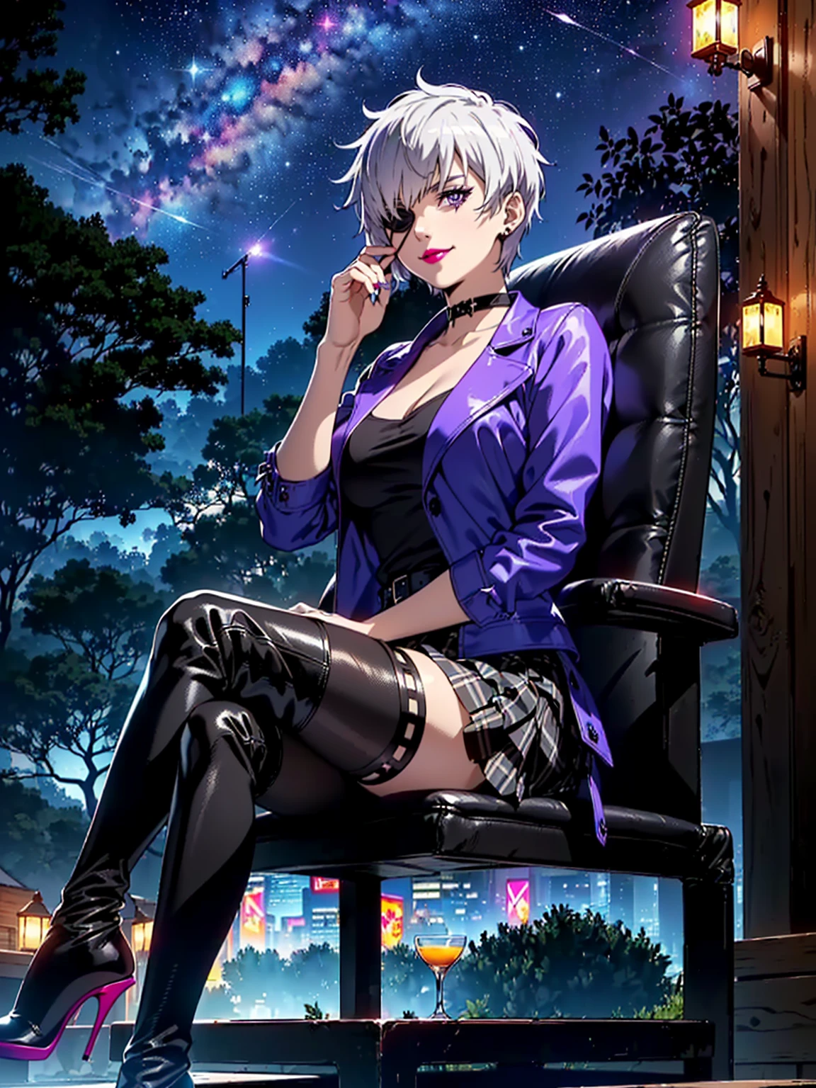 (1girl, Alone, alone), (najenda, short hair, (eye patch, purple eyes:1.3), grey hair, eyepatch, eye patch, single mechanical arm, Silver Hair,Short Hair, lilac eyes), ((Alone, (1woman,pink lipstick ), extremely detailed , Soft ambient lighting, 4K, perfect eyes, a perfect face, Perfect Lighting, the 1 girl)), ((fitness, , shapely body, athletic body, toned body)) , (( rocker woman, punk girl, leather jacket, plaid skirt, red plaid skirt, gray t-shirt, pleated skirt, heeled boots, stiletto heels, pointy toe heels, tights, lace tights, night, starry sky, milky way, park, smug smile, sitting, crossed legs ))