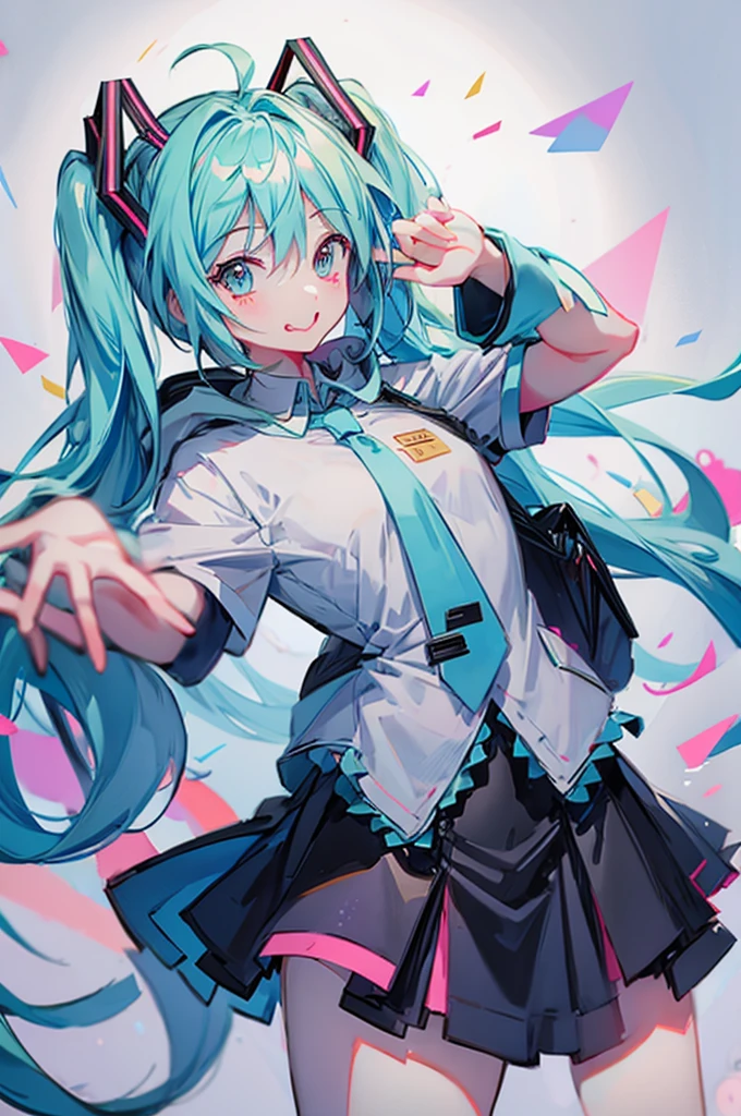 hasune_miku、smile、Mouth open、I saw the teeth、Sharp teeth、Stick your tongue out、Colorful confetti、Black Background、Anime Style、Super detailed、8k、Hatsune Miku costume penis hoodie、1080P、HD、4K、8k、16k、1 Girl、Dynamic pose、A colorful world、