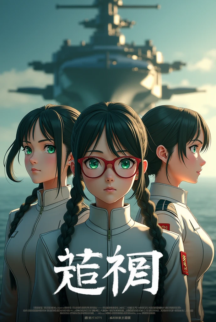 Movie Poster,((Braid Hairstyle : 1.5)),Anime Reference 86 ,Science Fiction,Sci-Fi,Movies,War Action Movies,Space,Atmosphere,Sky,Battleship,Multiple Characters,Women,Adults,Green Eyes,Black Hair,(Pia bangs hairstyle) : 1.8 ),(Red Glasses),General Uniform,White Commander Uniform,Realistic Face Details,Realism,3D Face,
