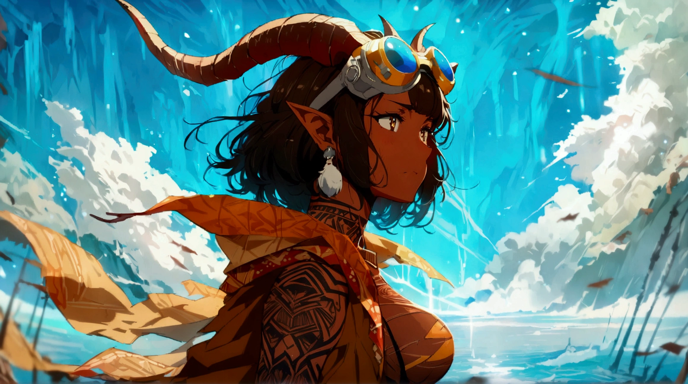 Black woman, muscular and large physique, beautiful makeup, navigator glasses, horns on her head, tribal tattoos, brown overcoat, white blouse, cheerful smile, "Anime design inspired by One Piece, filled with dramatic and impressive lighting, focus on the centralized character, refined angle, infused with creative details, ultra-fine 2D design, scenery bathed in creativity, boasting 2D anime resolution clarity, HD anime graphics, high-octane rendering"
