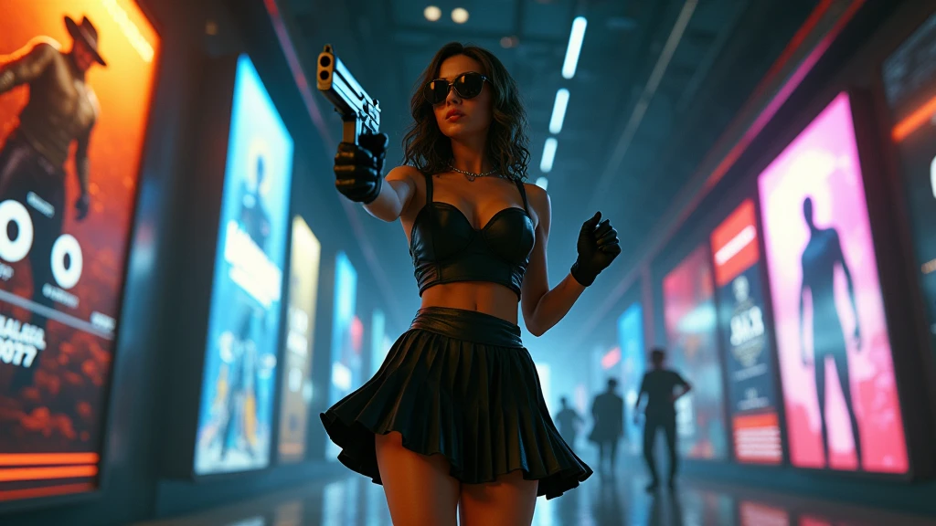 (((aerial view))), Blade Runner style futuristic railway platform, hi-tech train, neon lights, rainy night. (1girl, solo, alone), large-breast:1.2 slim body, cleavage:1.1, sexy wind blowing wet dress:1.4, headphone, (micro:0.8 black sunglasses), ((((((she raised a pistol:1.8 and shot:1.8 the viewer))))), dynamic pose, (((half-body thigh level medium shot))), cinematic lighting, lens flare, ray tracing, blurred:1.4 background.