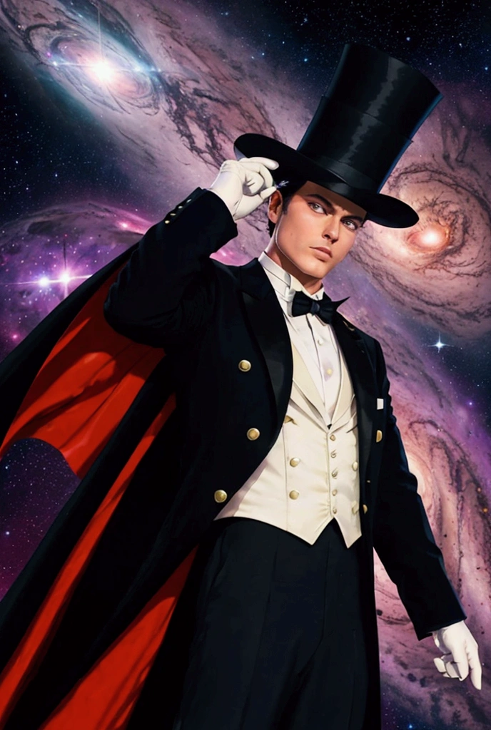 One man tuxedo of The Galaxy. His top hat and cape are like the universe.