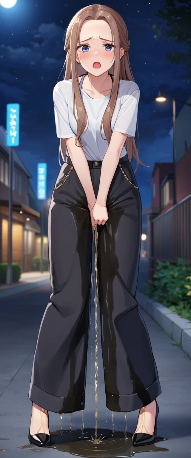 Highest quality, masterpiece, High Resolution, 1 girl, pooping,  right, long hair, brown hair, black shirt, red dress, long sleeves, black pantyhose, Aozaki Aoko, (wet shorts), (((wetting herself))), (((peeing herself))), pee streaming down legs, peeing stain, (puddle), (thick thighs),