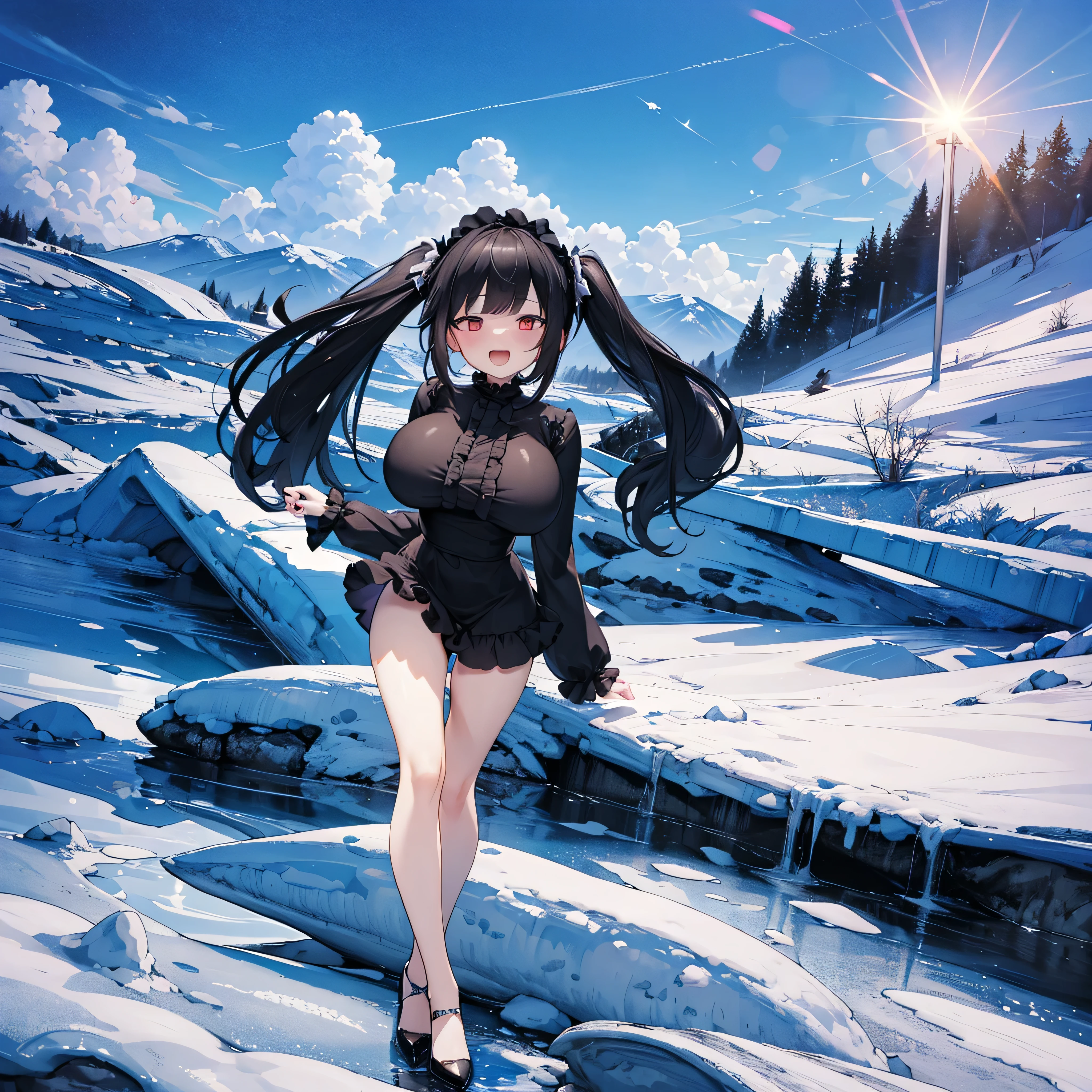 ice field, diamond dust, (solo), (1 skinny girl standing alone), swaying back, BREAK, black hair, (long two side up), red eyes, (bursting large breasts), bouncing large breasts, very short torso, skinny narrow waist, skinny legs, BREAK, (frilled very short black mini dress with frilled long sleeve:1.3), Gothic Lolita, high neck, closing chest, bared legs, thigh gap, stiletto heels, BREAK, (smile for viewer), nose blush, open mouth, orgasm, coverd erectile nipples