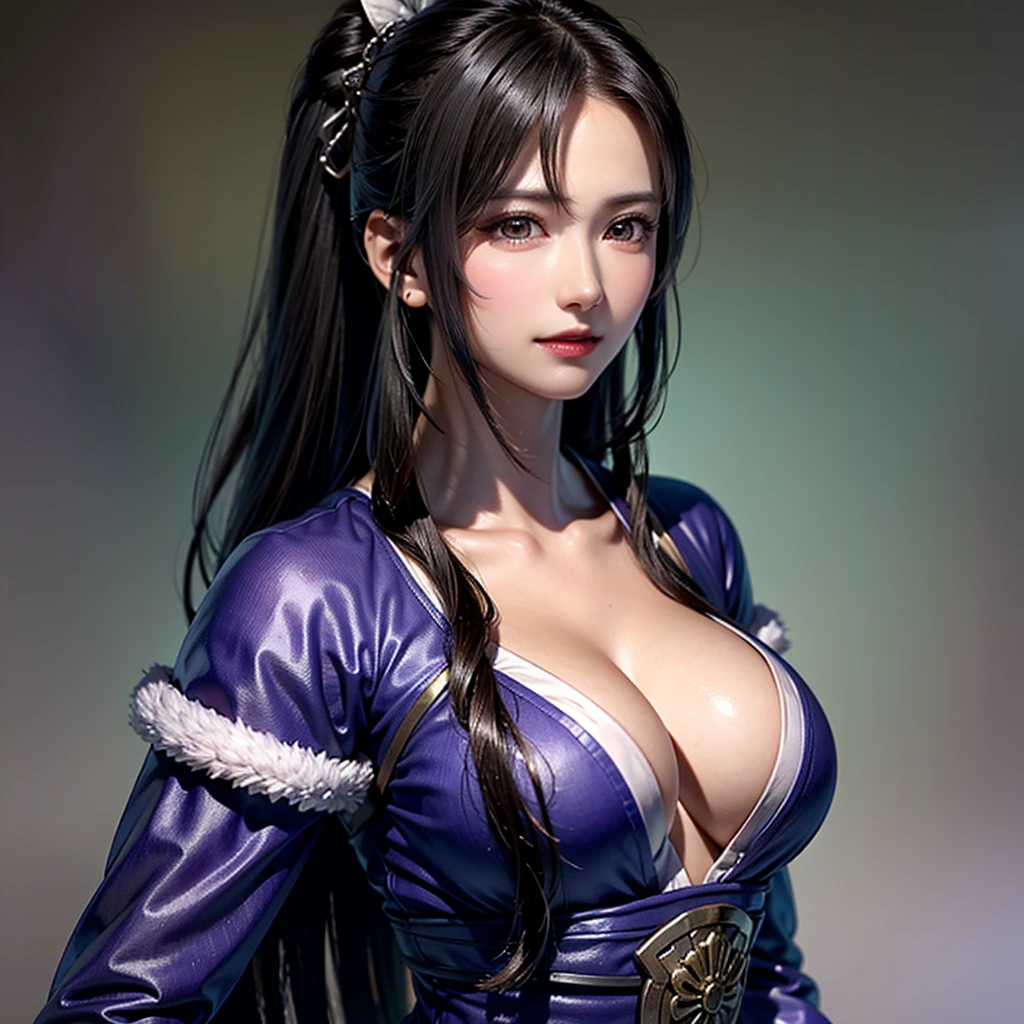 Close-up of a woman in armor and a purple cape, One person,wavy Ponytail,Large breasts and cleavage,Highly detailed face and skin texture,Looking into the camera,Perfect beauty: 1.4, fine grain,double eyelid, Whitening skin,Highest quality,Ultra-high resolution,Simple Background,Chinese Warrior