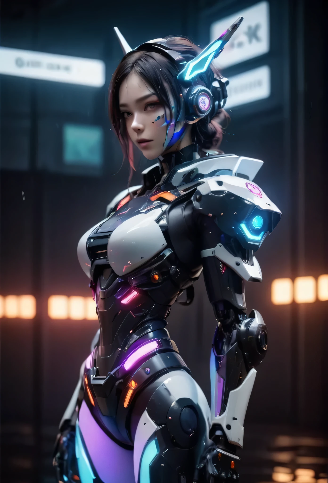 Positive: cinematic photo a portrait of a mecha cyborg girl octane render, playstation 5 neon trail lights, led graffiti, motorpunk, extreme speed, blur, heavy rain, wet road, missile, war guns 20mm M61A2 Vulcan cannon, tires, rainbow glass mask, pearlescent texture, small led lights, digital numbers, lcd alarm
human body with distinctive visual design that is characterized by its low, wide stance, sharp angles, and large air intakes. The body is made almost entirely of carbon fiber . 35mm photograph, film, bokeh, professional, 4k, highly detailed