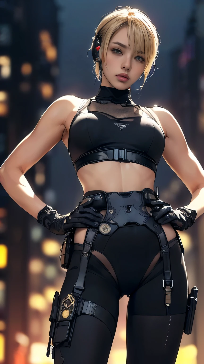 (A woman),(((A female special forces member stands))),((Red tactical High leg tights:1.5)),((earphone:1.5)),((Tactical Holster:1.5)),(Gloves:1.5),(Serious:1.5),(Super short hair:1.5),(bionde:1.5),(beautiful eyes:1.3),(Very detailedな顔:1.5),((Very detailed drawing of a female hand:1.5)),((muscular:1.5)),(Sexy appearance:1.5),((Thick thighs:1.5)),(Beautiful Body:1.5),((Very sensual:1.5)),(The backdrop is a futuristic city:1.5),(Cyberpunk atmosphere:1.5),(((Blurred Background:1.5))),(Written border depth:1.5),rest(((masterpiece:1.5),(best quality:1.5),(Very detailed:1.5),(high resolution:1.5),(Practical:1.5),(Practical:1.5),(Delicate depiction),(Carefully drawn))),8k,wallpaper