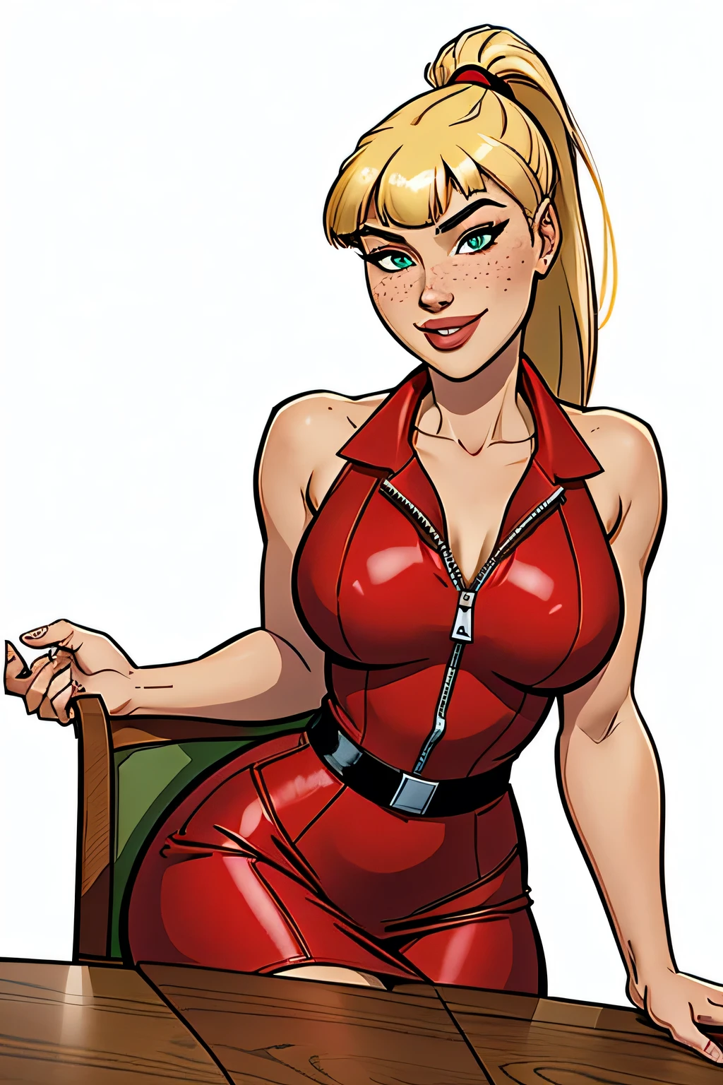 Athletic and slender woman (Scarlett Final Fantasy), 25 years, 8k ((high definition)), beautiful smile, seductive look, green eyes, wearing a red dress ((v-neckline, Zippered)), black belt, pele caucasiana, long blonde hair ((with ponytail and bangs)), sitting in an armchair, at the table ((upper body)), curvy with freckles on her chest and neck, big round breasts. High quality Marvel style, white background.