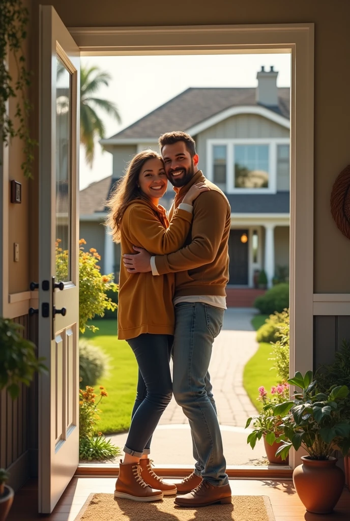 Imagine a couple standing together, surrounded by a cozy home. They are starting fresh, building their own life together. The background could include a modern house, symbolizing their independence and unity.