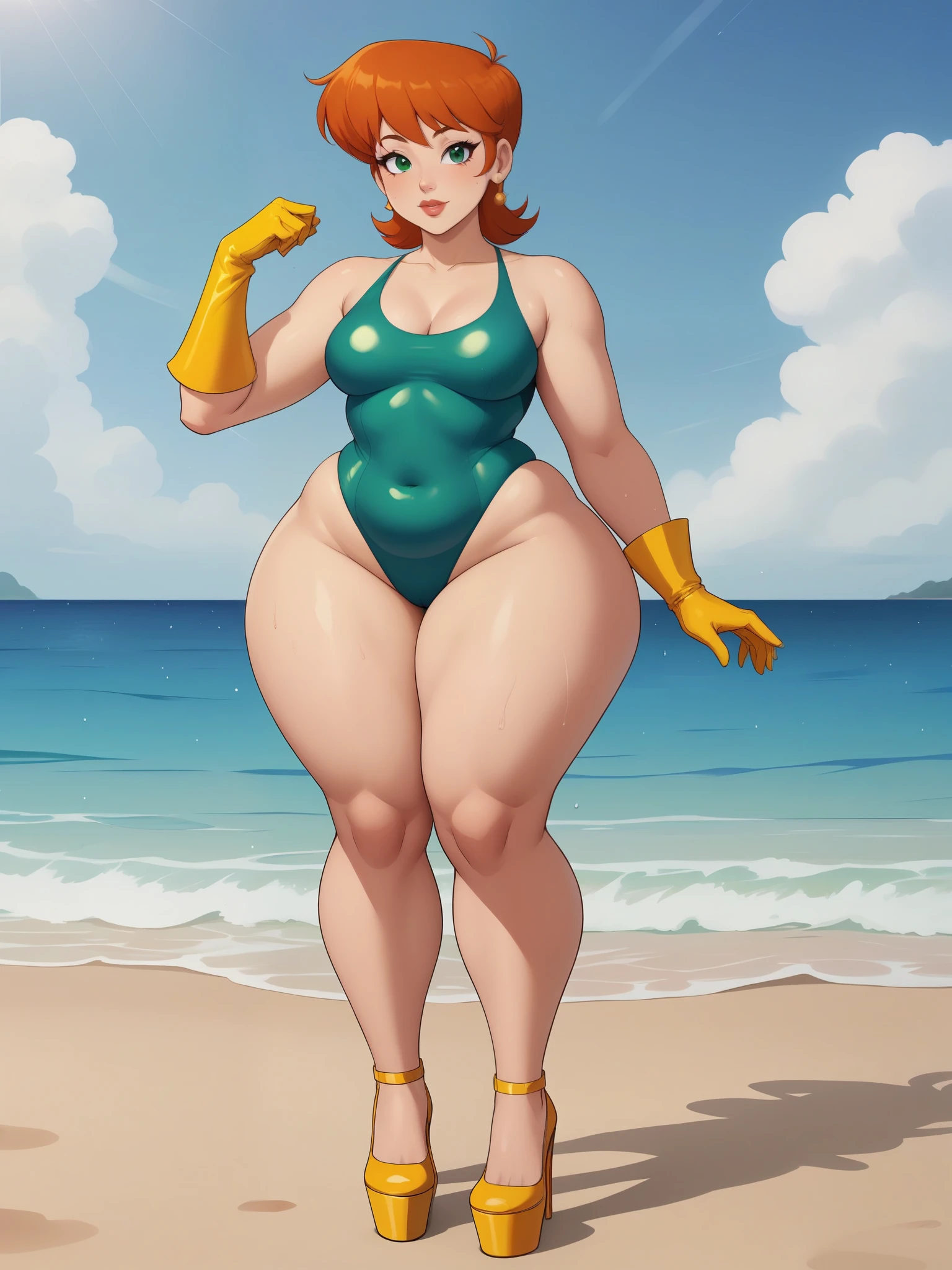 Dexter's mom. short hairstyle. ginger. green eyes. small saggy breasts. huge hips. bbw. big ass. yellow gloves. swimsuit. shorts. heels. beach. rain