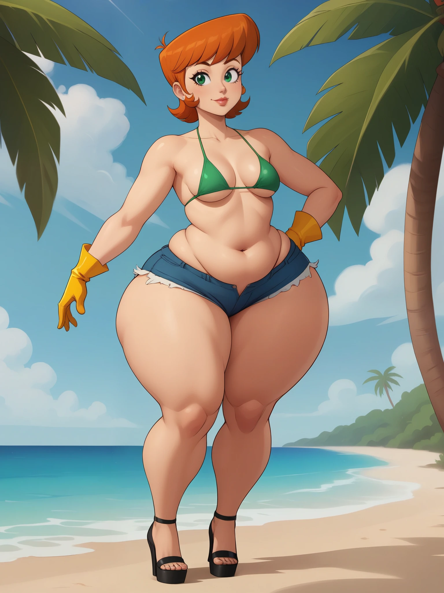 Dexter's mom. short hairstyle. ginger. green eyes. small saggy breasts. huge hips. bbw. big ass. yellow gloves. swimsuit. shorts. heels. beach. view from the back