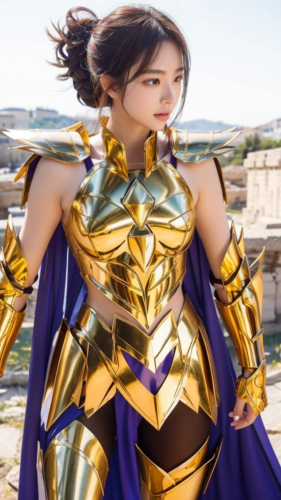 
((1woman))) Beautiful Korean girl, Ultra-realistic photoshoot with cutting-edge details by Camus, Greek ruins backdrop. Shiny golden metal armor, saint seiya armor, (((Cancer armor))), sexy armor, Show your waist, Show your leg, Long purple hair, Lively pose, Beautiful, symmetrical light brown eyes with details, Beautiful face with details, walking at the Ancient Greek, Ancient Greek, uhd, 8k