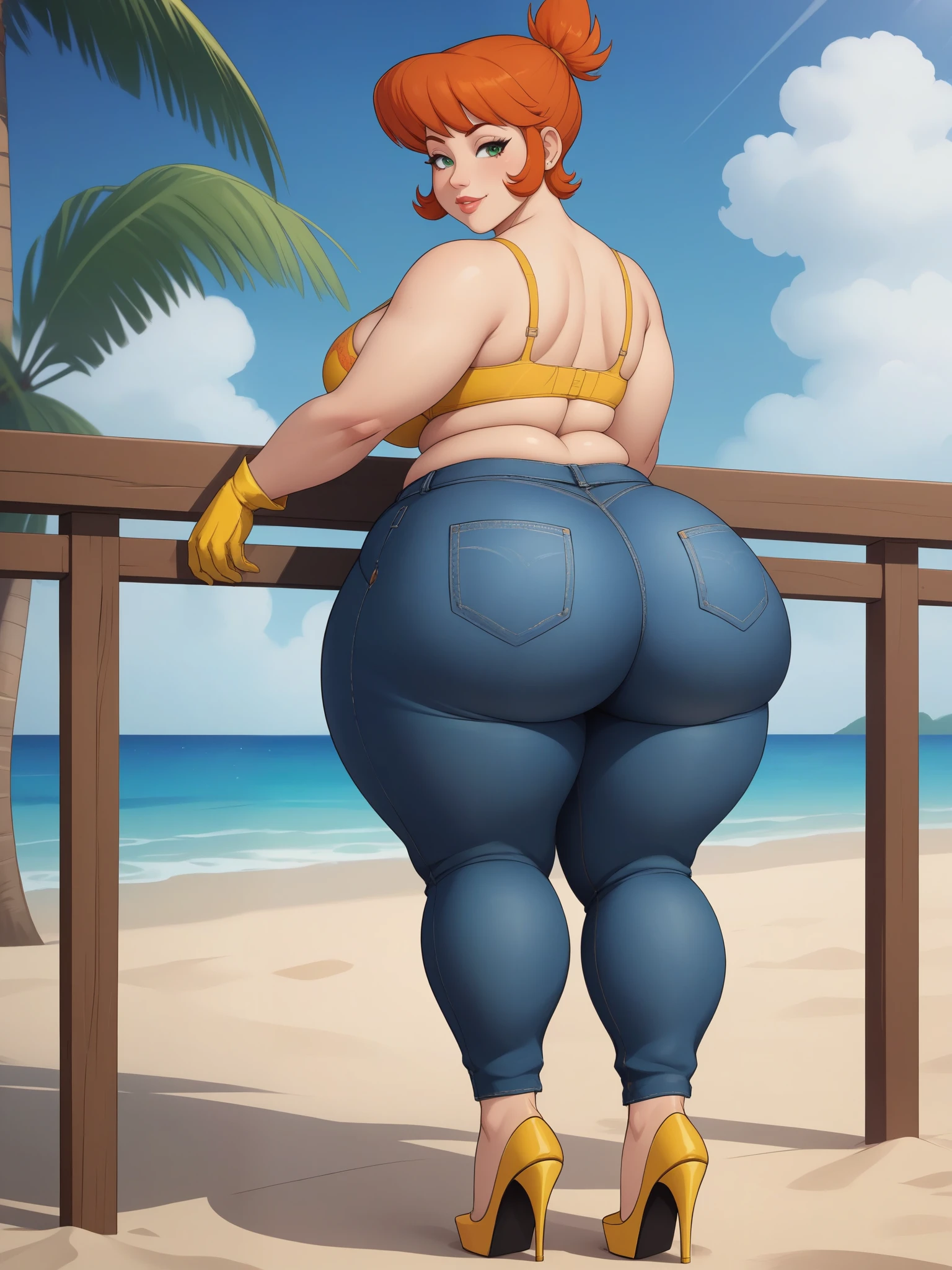 Dexter's mom. short hairstyle. ginger. green eyes. small saggy breasts. huge hips. bbw. big ass. yellow gloves. bra. jeans. heels. beach. view from the back