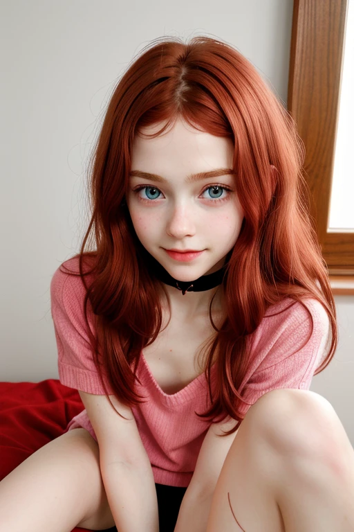 (((solo girl))) (1girl) from behind, full body shot, underneath shot, raw photo, (12yo skinny redhead girl:1.2), ((baby face)) ((intense red hair)) ((very long hair)), blushing, graphic eyeliner, rouge, (lipstick:0.6), (choker:0.9), realistic skin texture, oversize knit sweater, (red:0.8), softcore, warm lighting, cosy atmosphere, instagram style, nsfw , naive, shy, short, thin, fit, beautiful, cute, pale skin, ((just a little smile)) ((blushing smile)), very suggestive open legs, sexy pose.

