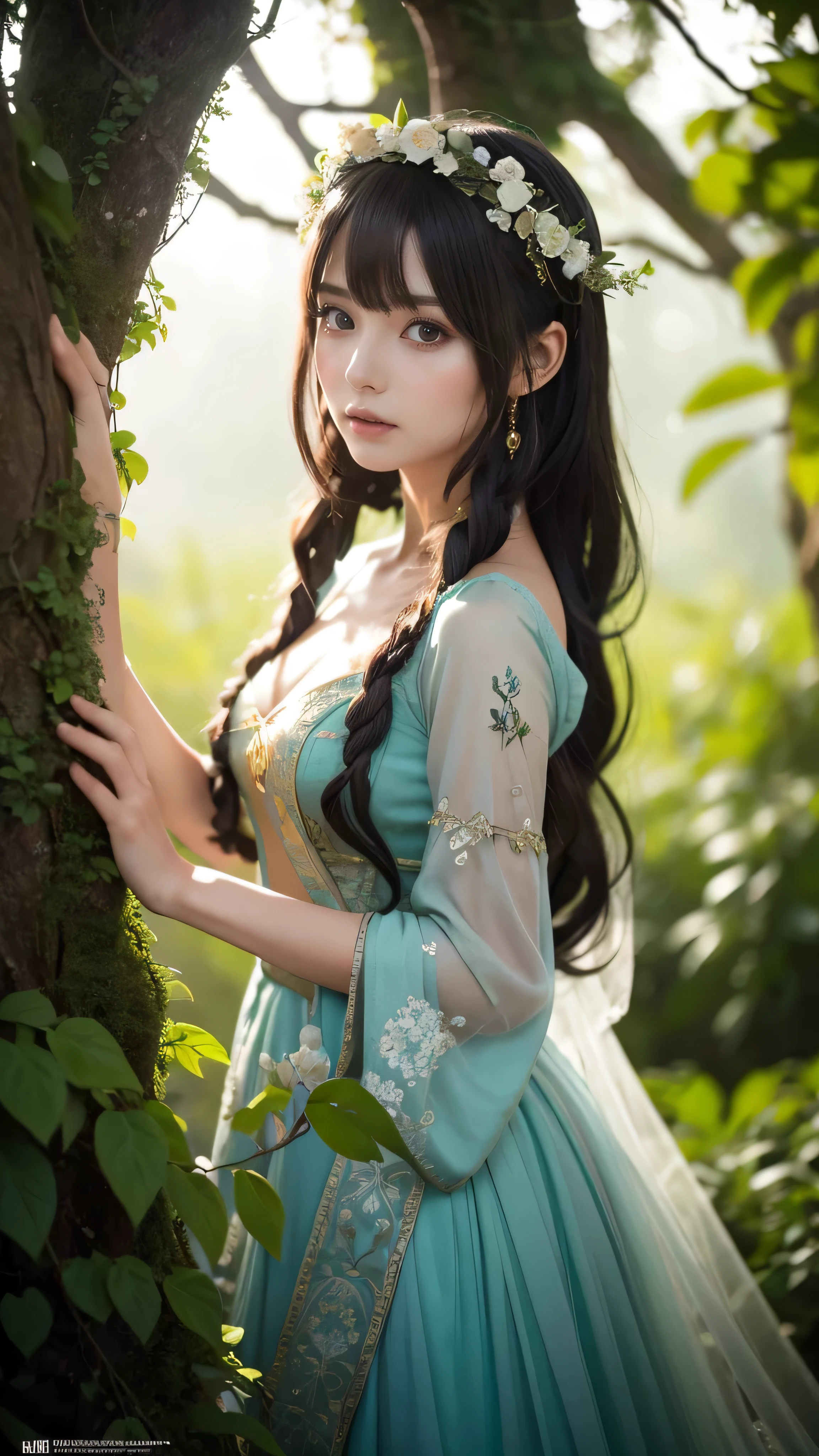 In the heart of the ancient forest、Seductive dryad stands. Her emerald green eyes twinkle with wisdom, Reflecting the depth of the forest she protects. Her luscious green hair blends seamlessly with the leaves, As if nature itself has woven it. Wrapped in a gown in rustic tones、Decorated with leaves and flowers, She is in harmony with the forest environment. A being to nurture, She cherishes all living things, Providing comfort and protection to all who seek refuge beneath her majestic, Stretched branches. The true embodiment of nature's blessings and timeless spirit.