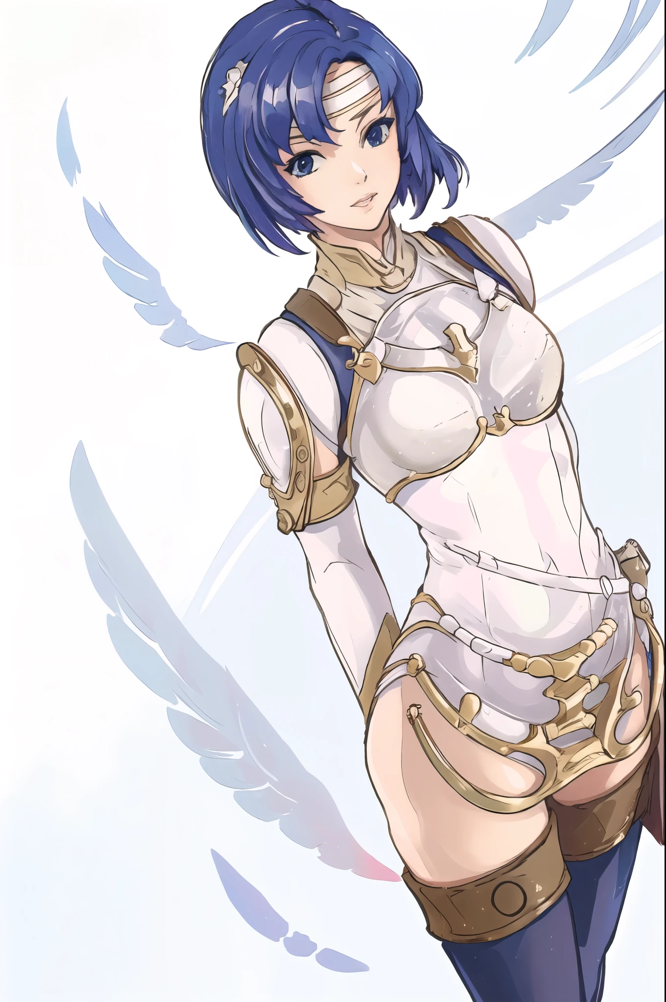 catria_valentian, 1girl, solo, arm guards, armor, boots, breastplate, cowboy shot, dress, elbow gloves, headband, pelvic curtain, shoulder armor, standing, white thighhighs, vambraces, upper body, arms_behind_back 