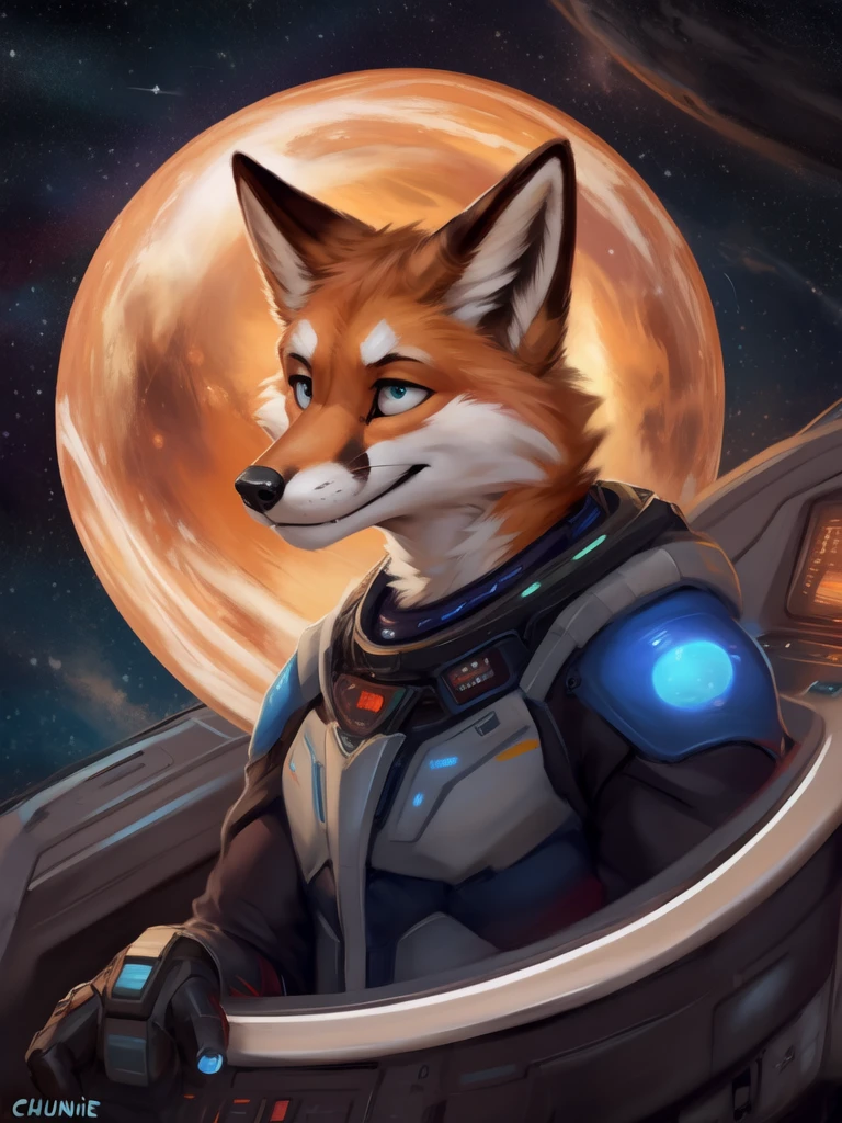 Realistic, scientifically accurate, black hold, doppler shift, event horizon, accretion disk, space, detailed, interstellar, anthro, fox, looking out of window, scifi, by zackary911, by chunie