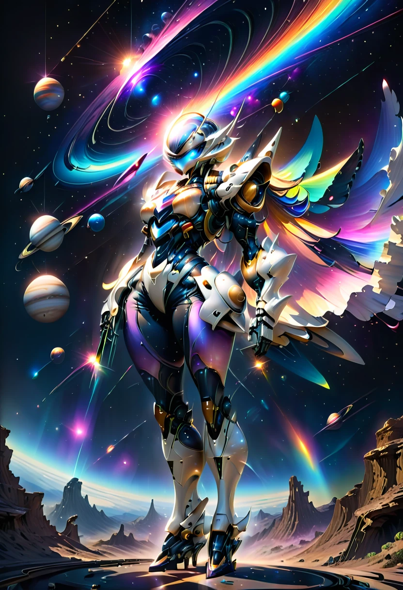 conceptual installation artwork,  iridescent cosmic rays fanning out from the back, a giant mecha transformed from Saturn with coloring and features that make it recognizable as Saturn floating in the air, background universe, glittering effects, delicate and dynamic textures, contrasts of light and shadow, 2.5D, artistic photography, hyper realistic, digital graphic CG, ultra detailed, absolutely resolution, best quality