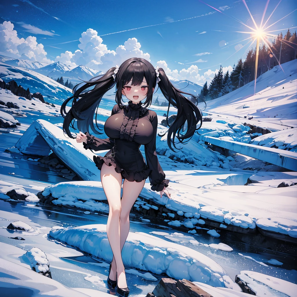 ice field, diamond dust, sun light, BREAK, (solo), (1 skinny girl standing alone), swaying back, BREAK, black hair, (long two side up), red eyes, (bursting large breasts), bouncing large breasts, very short torso, skinny narrow waist, skinny legs, BREAK, (frilled very short black mini dress with frilled long sleeve:1.3), Gothic ta, high neck, closing chest, bared legs, thigh gap, stiletto heels, BREAK, (smile for viewer), nose blush, open mouth, orgasm, coverd erectile nipples