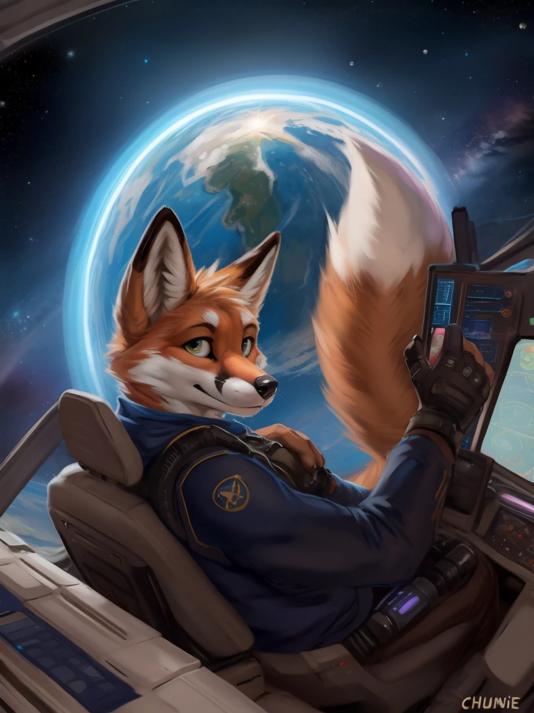 Realistic, scientifically accurate, black hold, doppler shift, event horizon, accretion disk, space, detailed, interstellar, anthro, fox, looking out of window, scifi, by zackary911, by chunie