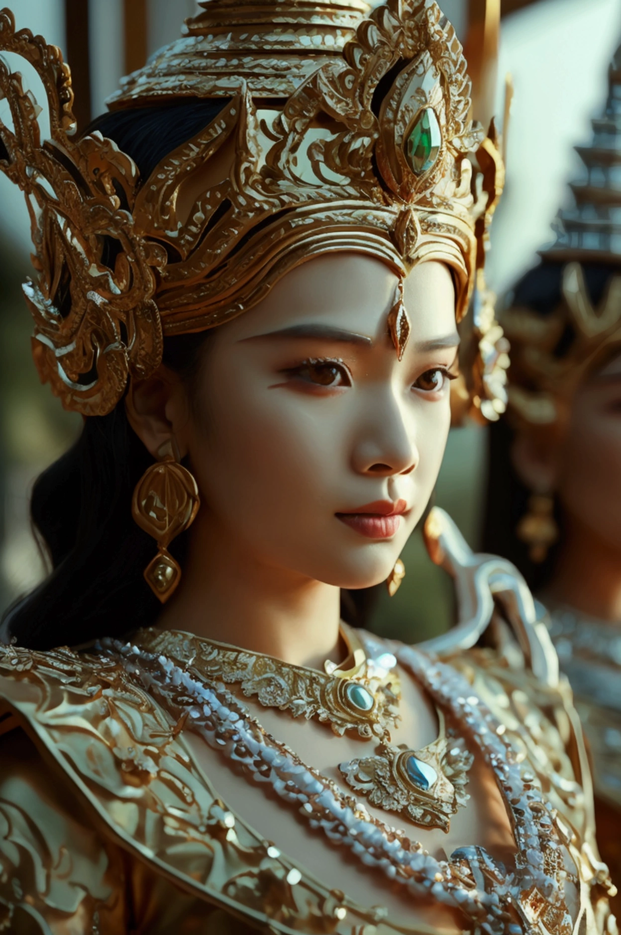 all men stare at a beautiful javanese princess in a skimpy dress, masterpiece, best quality, best quality, official art, beauty and aesthetics: 1.2), (masterpiece: 1.3), (8K, realistic, RAW photo, best quality: 1.4), beautiful tanned face, bare arms, sitting upright in a see-through dress, medium breasts, upper body photo (photorealistic face), very high resolution, ultra photo realism, very detailed, golden ratio, (with dynamism: 1.3), (saturation: 1.3), illusion engine, (high detail: 1.9), (woman: 1.4), (medium breasts), javanese princess, The background is a palace full of treasures, men stare at the javanese princess, dramatic: 1.8), (Shining scepter: 1.5), Mysterious symbols