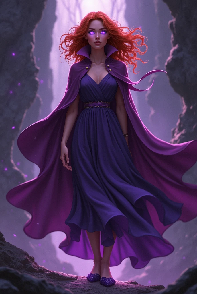 Guinevere is a princess, She uses magic, and she likes the mathiolla icana flower, e também Tenhe cabelos ruivos ondulados e olhos verdes, she wears a purple dress with flower details, Tenhe  , she's very vain, and super confident, e your weapon is a bright crystal ball with a flower inside, walking up the stairs while holding the bright crystal ball!