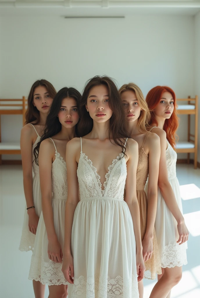 stunning identical sextuplets standing close together, in a room, 25 years old, full body, identical bodies, pale skin, athletic body, identical height, wearing pink dresses, wearing white elbow length gloves, same faces, same hairstyle, long wavy hair, same colour hair, light brown hair, five fingers on each hand, smiling, color, realistic, sharp focus on eyes, sharp focus on nose, 8 k, high definition, insanely detailed, elegant, ultra realistic, photorealism,