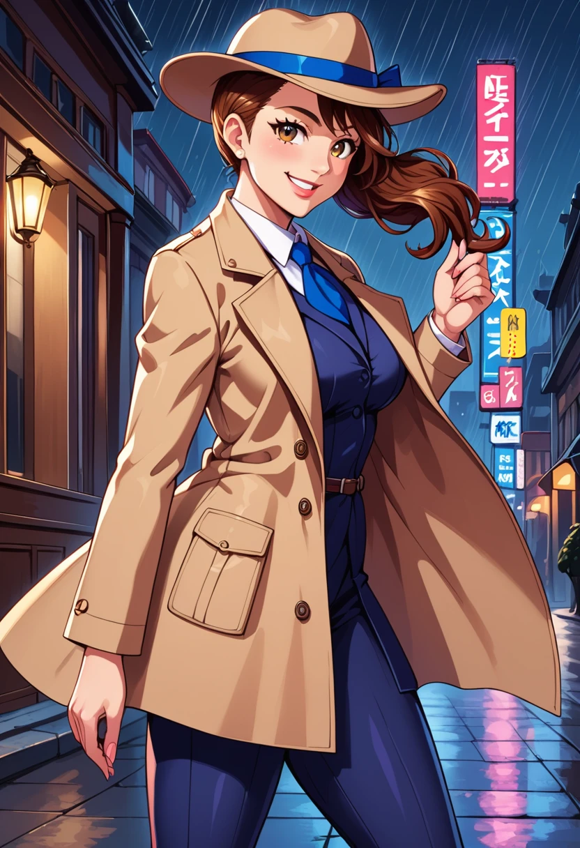 detailed illustration (side view),dynamic angle,ultra-detailed, illustration, pose for the camera, smiling at viewer, clean line art, shading, anime, 2020’s anime style, detailed eyes, detailed face, beautiful face standing on a sidewalk, Detective, trench coat, fedora hat, Johnny dollar inspired, Philip Marlow inspired, 1940’s, woman, in a suit a coat, night, rain, brown hair, hard boiled, female fatale vibes.