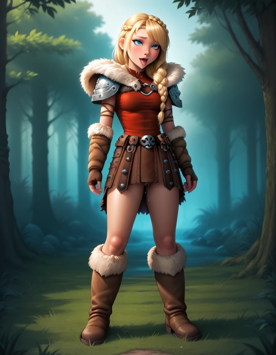 score_9, score_8_up, BREAK, ASTRIDHOFFERSON, 1girl, solo, slender body, blonde hair, braid, Long hair, blue eyes, fur trim, shoulder armor, brown leather legwear, fur boots, armor, pauldron, depth of field, forest, full body shot, fingering pussy. ahegao face, standing, dripping wet pussy