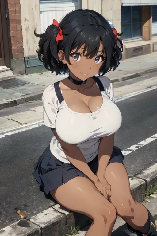 (best quality, masterpiece:1.2), momo_ayase, short hair, grin, 1girl, solo, classroom, looking at viewer, ???????, hard nipples, (dark areola, wearing micro skirt, visible thong, sagging huge breasts:1.4), White high socks, (skinny, slender legs, small hip, slim thighs:1.2), opll, hourglass body shape, Running in the school yard 