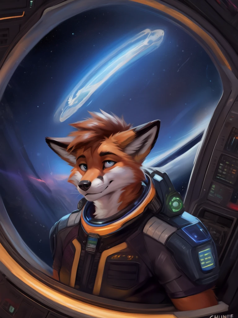 Realistic, scientifically accurate, black hold, doppler shift, event horizon, accretion disk, detailed, anthro, fox, looking out of window, scifi, by zackary911, by chunie, in space, space ship