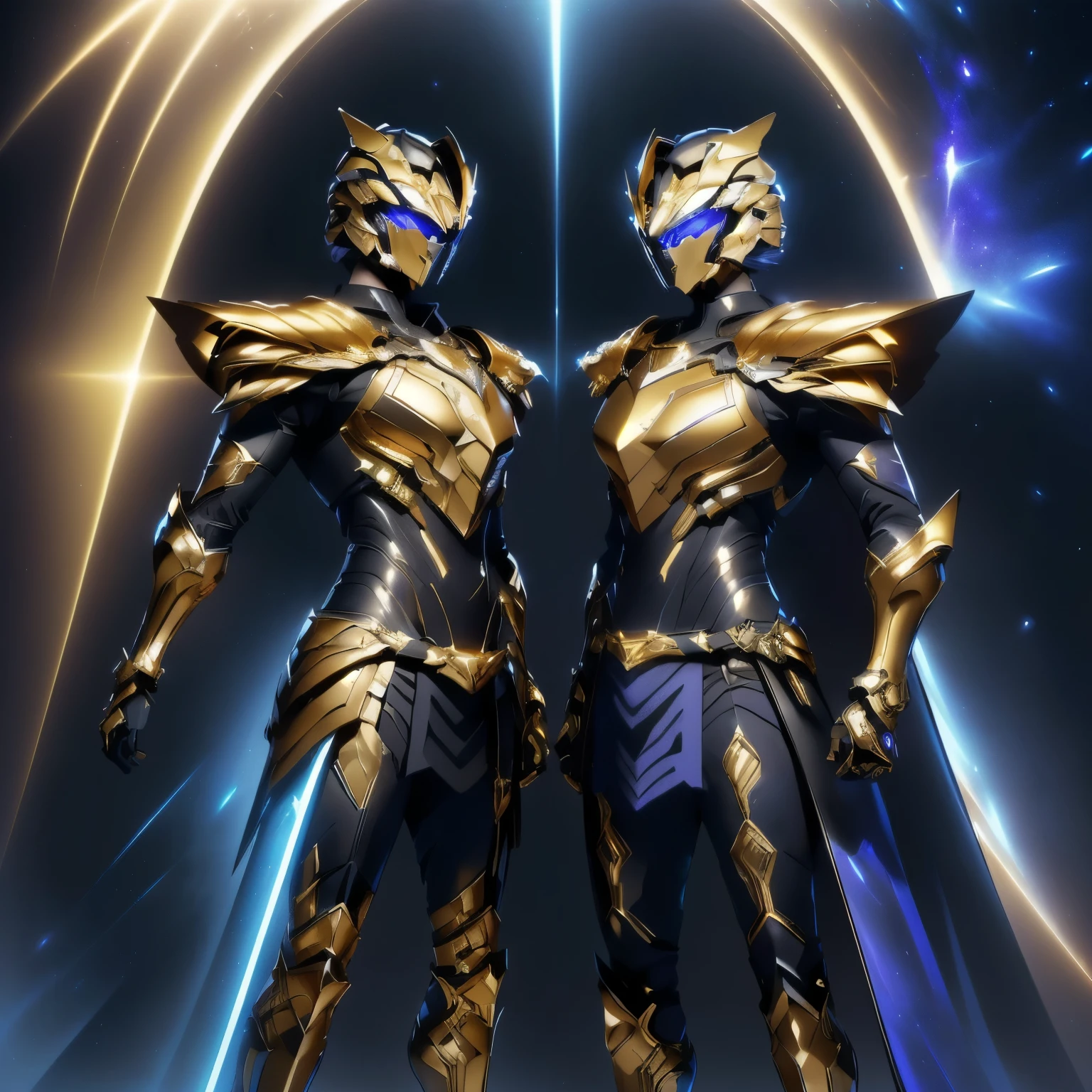 It's a man. The image presents a highly detailed and futuristic armor designed for a male warrior. The armor combines elements from different parts to create a cohesive and powerful look. Helmet: The helmet features a sleek, aerodynamic design with a golden metallic finish. It has a central crest that rises upwards, and the visor glows with a bright blue light, giving it a high-tech, futuristic appearance. Pauldrons (Shoulder Pads): The shoulder pads are designed to be close to the chest, with angular lines extending smoothly toward the shoulders. They have a polished golden finish and curve elegantly upward, creating a harmonious transition between the chest and shoulders, while providing a majestic and protective look. Chest Plate: The chest plate is intricately segmented, with a combination of gold and dark metallic blue. It has a gem-like crystal in the center that emits a soft, mystical glow. The design of the chest plate is both protective and regal, with sharp, angular lines that add to the overall futuristic aesthetic. Arm Guards: The arm guards are sleek and streamlined, with articulated golden and purple segments that offer flexibility and protection. The design of the gauntlets is both robust and elegant, incorporating futuristic elements that blend with the classic style. Leg Armor: The legs are armored with segmented plates that are primarily gold and purple. The boots are angular and sturdy, with a design that conveys both strength and agility. The overall look of the leg armor is grounded yet sleek, completing the ensemble with a powerful stance. The background of the image is a dark cosmic scene, filled with distant stars and nebulae that highlight the polished surfaces of the armor. Dynamic lighting is used to emphasize the key features, particularly the glowing visor and central chest gem, reinforcing the mystical and imposing nature of the warrior.