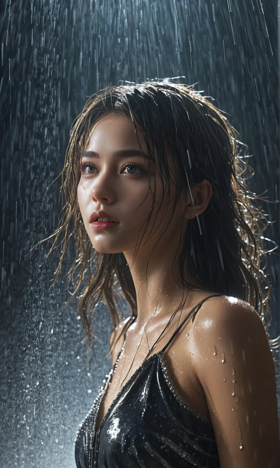 Wet roads ,drenched, Dripping, Wet Face,Wet clothes, Wet Skin, Wet Hair,A young woman with a cute face like a Japanese idol,(Cleavage),((Cinema lighting),(Natural light),(High level of artistry),(Artistic),(Quality indistinguishable from real life),RAW Photos,Genuine,Genuine,High resolution,RAW Photos,masterpiece, beautiful