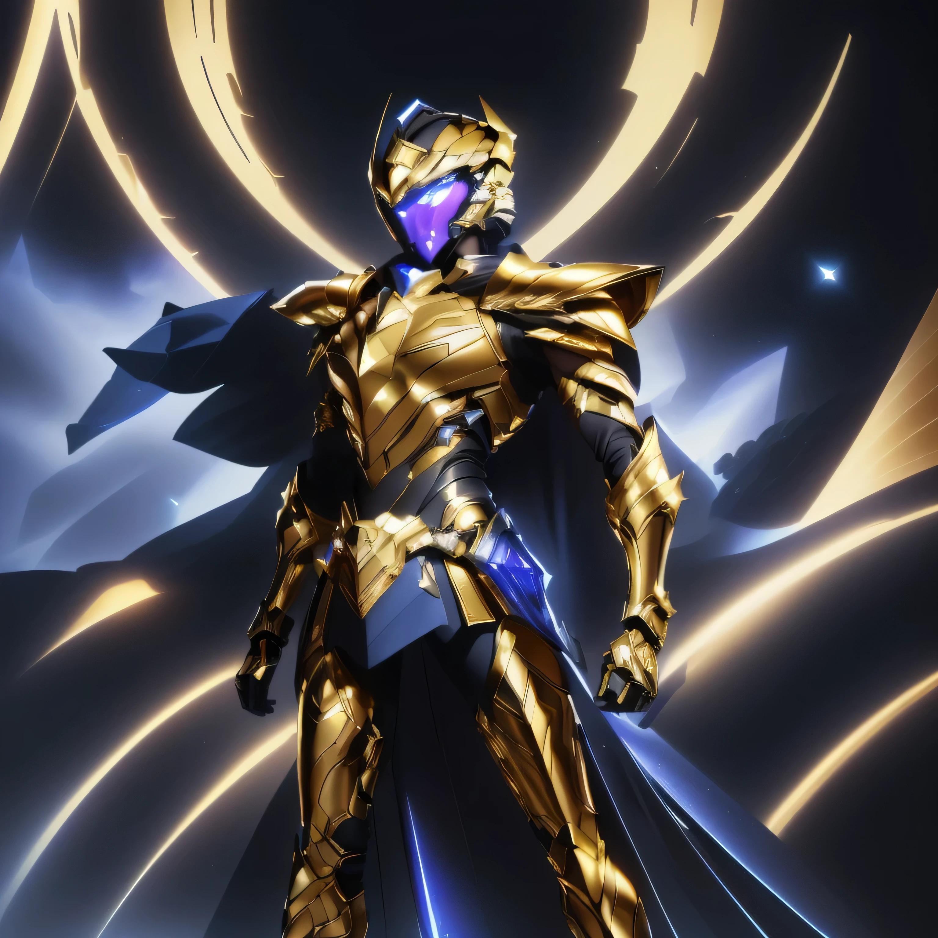 It's a man. The image presents a highly detailed and futuristic armor designed for a male warrior. The armor combines elements from different parts to create a cohesive and powerful look. Helmet: The helmet features a sleek, aerodynamic design with a golden metallic finish. It has a central crest that rises upwards, and the visor glows with a bright blue light, giving it a high-tech, futuristic appearance. Pauldrons (Shoulder Pads): The shoulder pads are designed to be close to the chest, with angular lines extending smoothly toward the shoulders. They have a polished golden finish and curve elegantly upward, creating a harmonious transition between the chest and shoulders, while providing a majestic and protective look. Chest Plate: The chest plate is intricately segmented, with a combination of gold and dark metallic blue. It has a gem-like crystal in the center that emits a soft, mystical glow. The design of the chest plate is both protective and regal, with sharp, angular lines that add to the overall futuristic aesthetic. Arm Guards: The arm guards are sleek and streamlined, with articulated golden and purple segments that offer flexibility and protection. The design of the gauntlets is both robust and elegant, incorporating futuristic elements that blend with the classic style. Leg Armor: The legs are armored with segmented plates that are primarily gold and purple. The boots are angular and sturdy, with a design that conveys both strength and agility. The overall look of the leg armor is grounded yet sleek, completing the ensemble with a powerful stance. The background of the image is a dark cosmic scene, filled with distant stars and nebulae that highlight the polished surfaces of the armor. Dynamic lighting is used to emphasize the key features, particularly the glowing visor and central chest gem, reinforcing the mystical and imposing nature of the warrior.