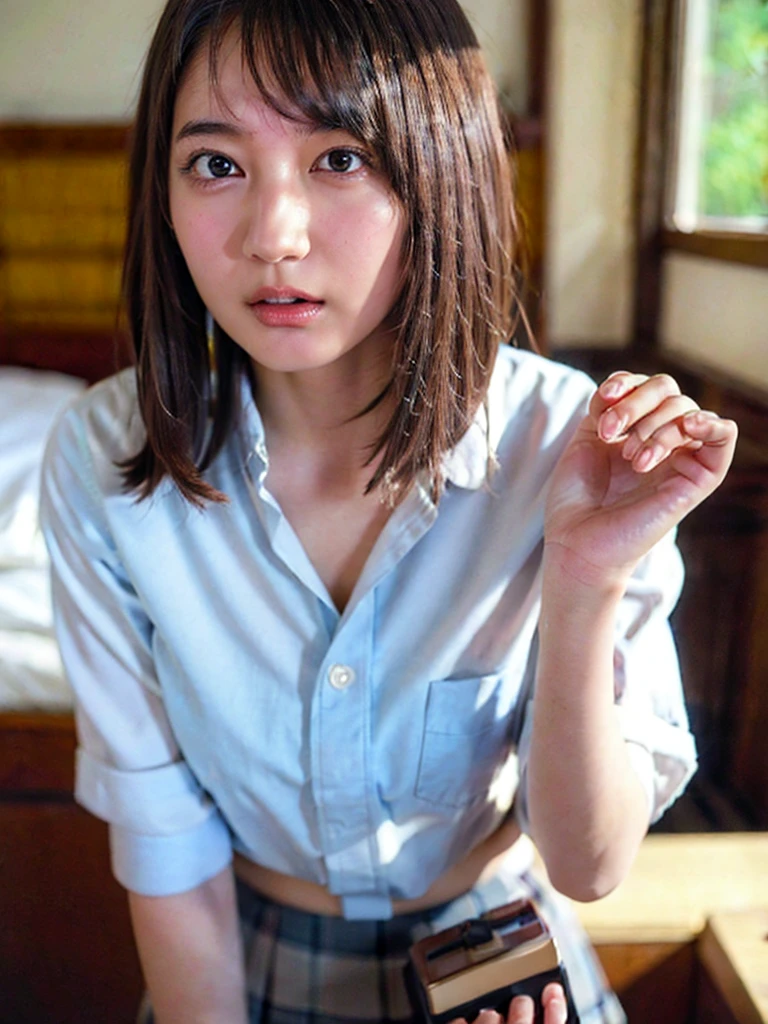 Photo-realistic quality、A woman in a white blouse is holding a golf club, Japanese girls uniform, Cute school girl, Realistic young gravure idol, Young and cute gravure idol, High school girl posing, Surreal , Young and skinny gravure idol,Girl wearing short-sleeved blouse, Japanese Model、Sheer white blouse