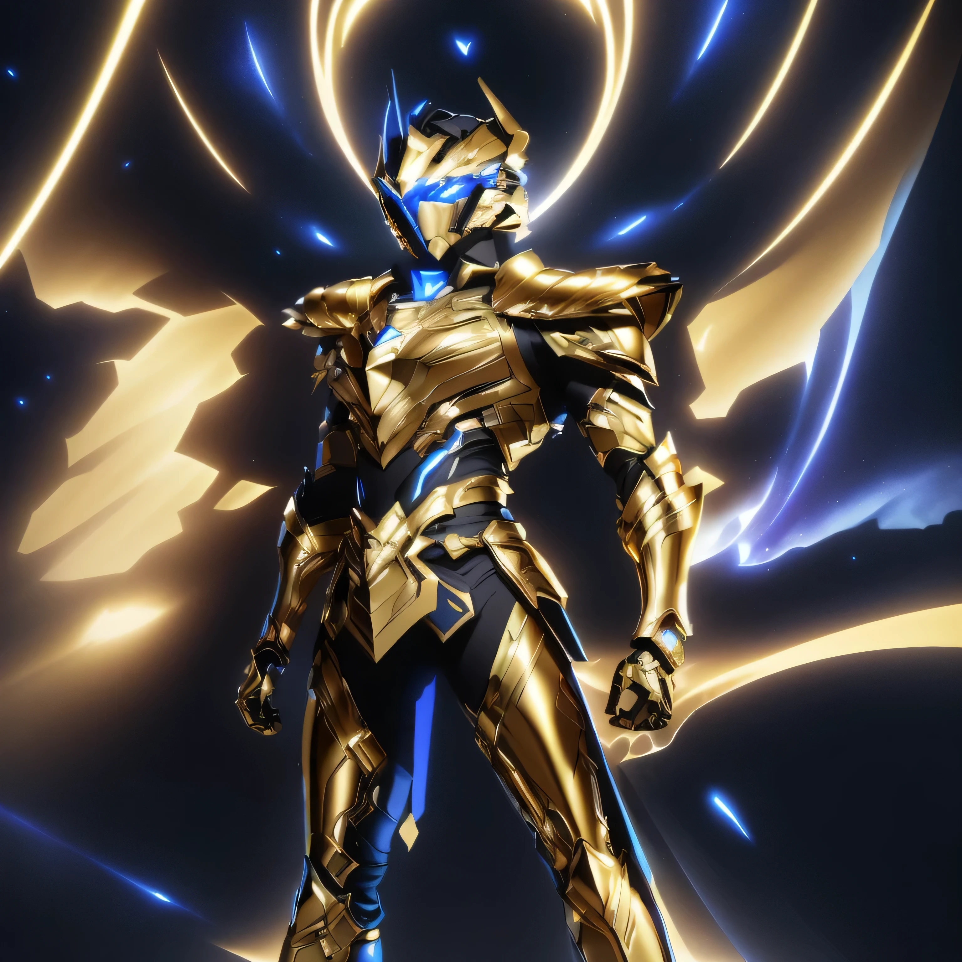 It's a man. The image presents a highly detailed and futuristic armor designed for a male warrior. The armor combines elements from different parts to create a cohesive and powerful look. Helmet: The helmet features a sleek, aerodynamic design with a golden metallic finish. It has a central crest that rises upwards, and the visor glows with a bright blue light, giving it a high-tech, futuristic appearance. Pauldrons (Shoulder Pads): The shoulder pads are designed to be close to the chest, with angular lines extending smoothly toward the shoulders. They have a polished golden finish and curve elegantly upward, creating a harmonious transition between the chest and shoulders, while providing a majestic and protective look. Chest Plate: The chest plate is intricately segmented, with a combination of gold and dark metallic blue. It has a gem-like crystal in the center that emits a soft, mystical glow. The design of the chest plate is both protective and regal, with sharp, angular lines that add to the overall futuristic aesthetic. Arm Guards: The arm guards are sleek and streamlined, with articulated golden and purple segments that offer flexibility and protection. The design of the gauntlets is both robust and elegant, incorporating futuristic elements that blend with the classic style. Leg Armor: The legs are armored with segmented plates that are primarily gold and purple. The boots are angular and sturdy, with a design that conveys both strength and agility. The overall look of the leg armor is grounded yet sleek, completing the ensemble with a powerful stance. The background of the image is a dark cosmic scene, filled with distant stars and nebulae that highlight the polished surfaces of the armor. Dynamic lighting is used to emphasize the key features, particularly the glowing visor and central chest gem, reinforcing the mystical and imposing nature of the warrior.