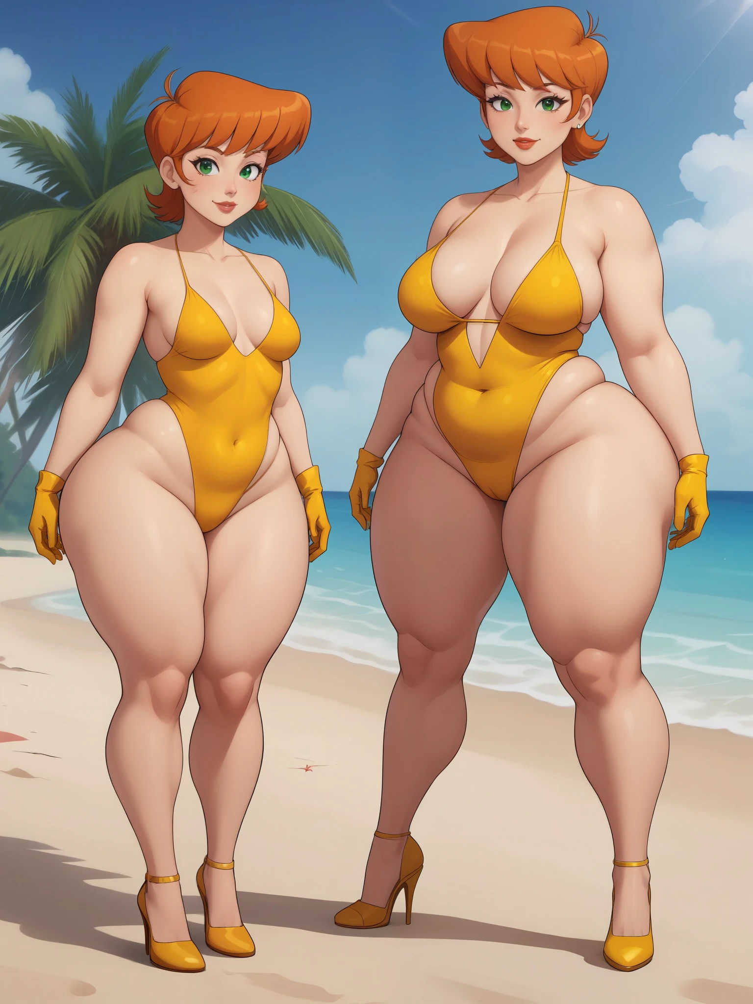 Dexter's mom. short hairstyle. ginger. green eyes. small saggy breasts. huge hips. bbw. big ass. yellow gloves. swimsuit. heels. beach. view from the back