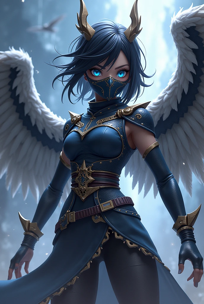 female medieval knight angel (((2 raven wings))), wearing armor and assassin mask (((face hidden behind mask))), holding a kunoichi, sharp eyes staring at the viewer, army at the background, moonlight, dinamic pose, focus on eyes