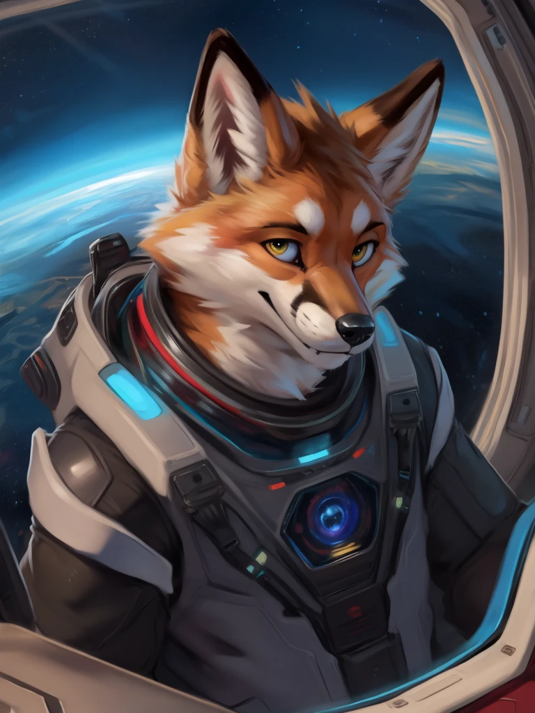 Realistic, scientifically accurate, black hold, doppler shift, event horizon, accretion disk, detailed, anthro, fox, looking out of window, scifi, by zackary911, by chunie, in space