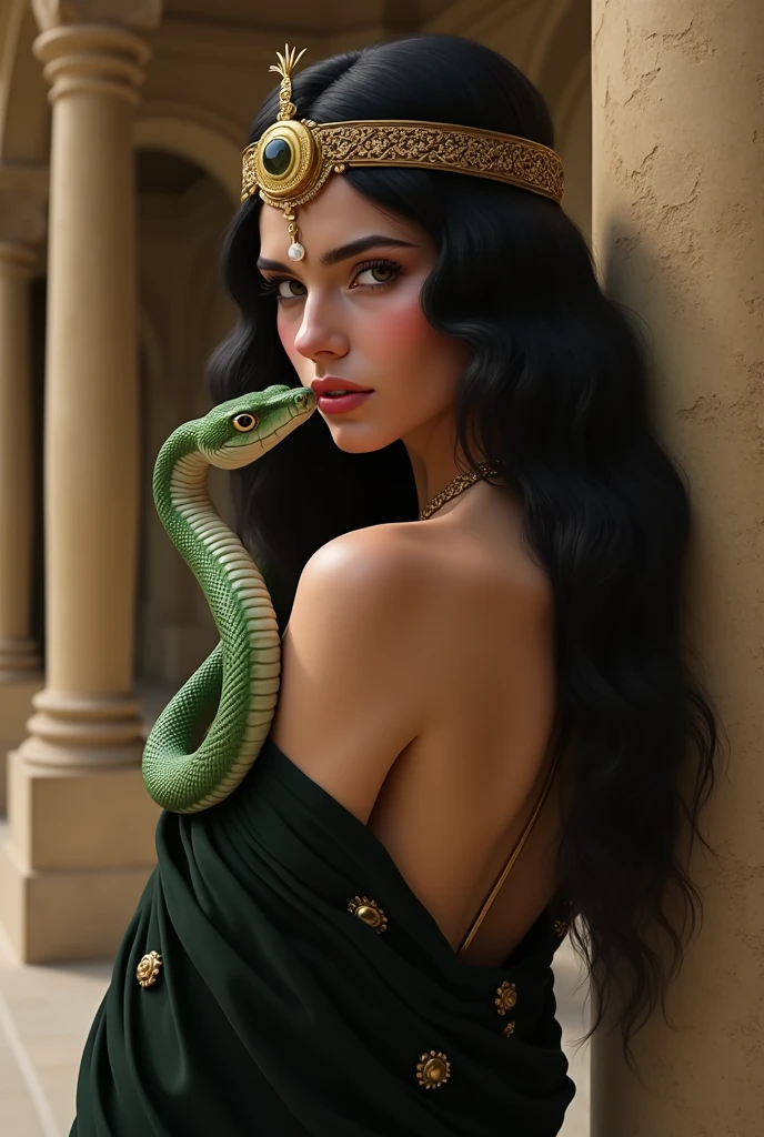 femme araffe en robe blanche sur un lit avec un serpent, reine des serpents, Maxime Soukharev, Alexeï Egorov, dame séduisante, beaucoup de Merlot, Femme serpent, inspiré par Hedi Xandt, femme splendide, tenant un serpent vert dans ses bras, Anna Nikonova alias Newmilky, magnifique femme, Ekaterina, jeune déesse, chat noir, grosse poitrine, chat noir, diadème émeraude vert et or, décolleté généreux, pétale de rose rouge , chambre luxueuse, palace, marbre , gros sein, chat noir allongé