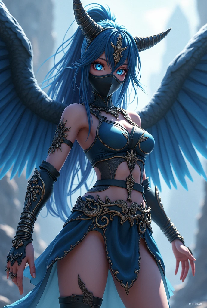 Teenager woman with light blue hair with purple eyes and curvy waist and big thighs and big butt with angel wings and sexy samurai armor with yin yang colors 