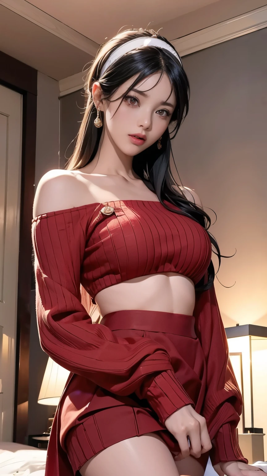 {{{masterpiece}}},
{{{{{Official Art}}}}},
{{{high quality}}},
{{{最high quality}}},
{{{{8K_wallpaper}}}},
{{{{Very fine particles}}}},
{{{{Very detailed body}}}},
{{{{Very detailed fingers}}}},Your wild rose, Black Hair,Messy hair、 (Red Eyes), earrings, white Hairband, Hairband, Long hair, ((Side lock))、thigh,Large Breasts,Tight waist,{{lotus}},(Mouth half open),(teeth:1.2),plant、Europe,Pretty Face,bedroom、Bokeh、Dim Lights、Soft lighting,sweater skirt,裸Off-shoulder膀,skirt, Long sleeve, Off-shoulder, off-shoulder skirt, off-shoulder sweater, Pantyhose, red sweater, sweater, sweater skirt, thigh,((From below))