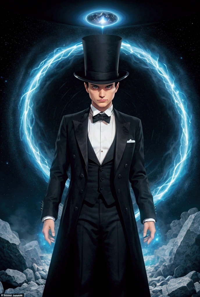 The character is a tuxedo who survives in a world destroyed by its inhabitants., who went deep into research on nuclear energy and spirituality. My tuxedo uses illusions to survive, of cosmic identity, your top hat looks like a portal to another universe.