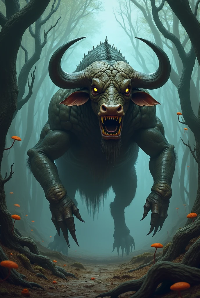Armor-like body、A boar-like face with large teeth、Countless thorns on its back,It depicts a mythical creature with animalistic features.。This creature has sharp horns and a spiked tail.、Vivid purple、green、Red tones dominate the design,Quadrupedal