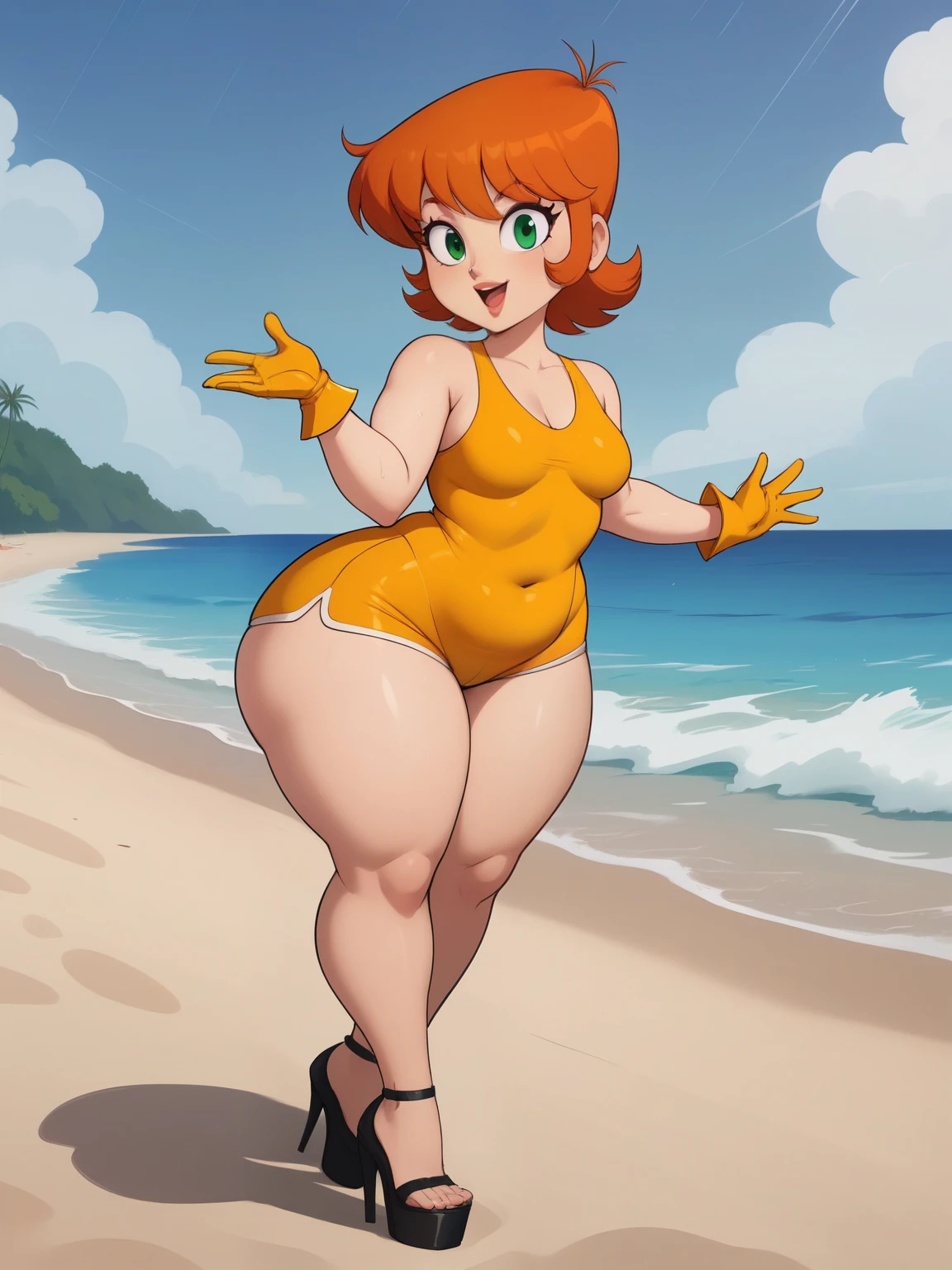 Dexter's mom. short hairstyle. ginger. green eyes. small saggy breasts. huge hips. bbw. big ass. yellow gloves. swimsuit. shorts. heels. beach. rain