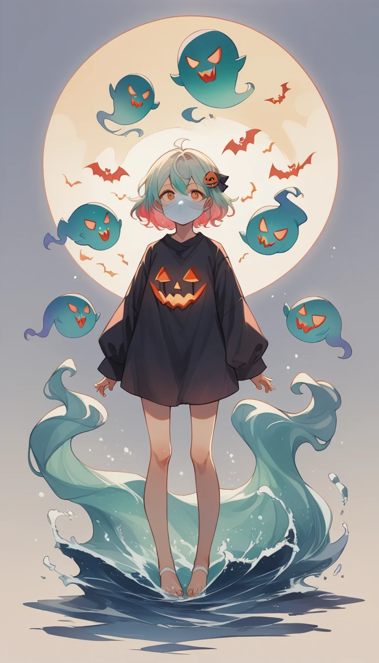 (((young woman))) in a ghost mask, костюм призрачной гот эмо привлекательна высокая young woman, colored hair, Halloween symbols, full body halloween character, standing posture, waves his hand
