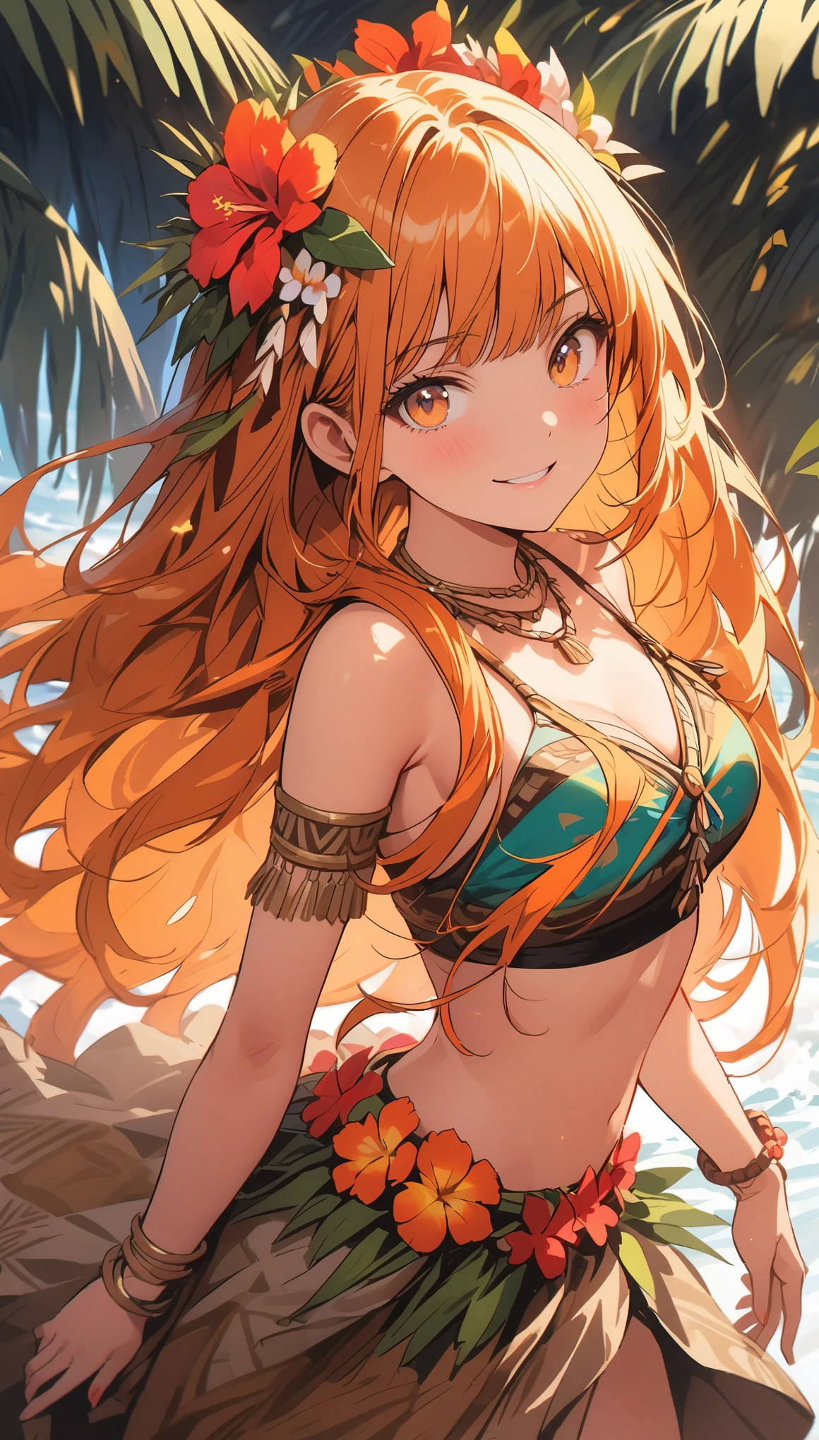 hight resolution、masterpiece、1girl in、Short stature、A slender、Silver bra、Steel Bra、The bikini、Orange loincloth、DQ6 Barbara、High Ponytail、(((very light white-beige skin,)))、Orange hair、Bright lighting、Holding your knees、Floating in mid-air、A smile、plein air